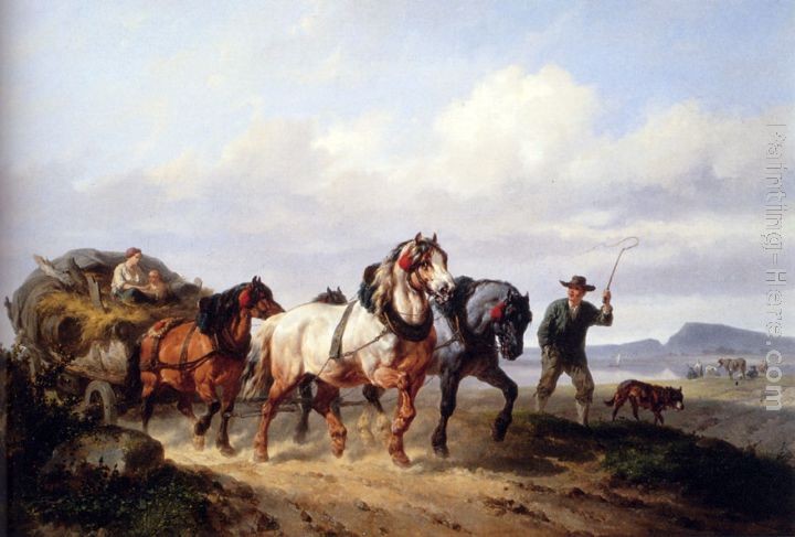 Wouter Verschuur Horses Pulling A Hay Wagon In A Landscape
